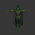 Hooded Character in Red Top Black Cape with Golden Belt and Boots Standing Arms Outstretched