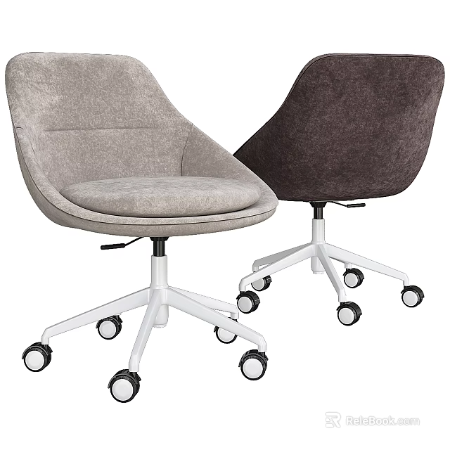 Gray and Dark Brown Office Chairs With Fabric Round Seat Cushion White Metal Base Wheels 3d model 