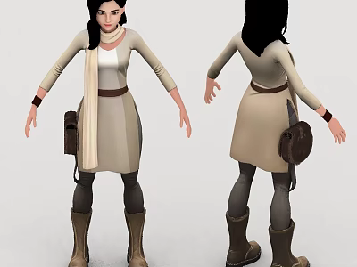 Female Game Movie Character With Long Black Hair Beige Dress Scarf Belt And Brown Boots 3d model