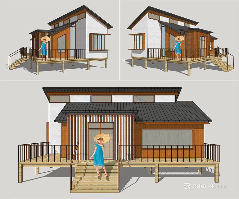 Modern Wooden House Exterior With Wooden Structure White Walls Black Roof Deck And Stairs 3d model 