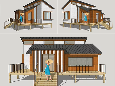 Modern Wooden House Exterior With Wooden Structure White Walls Black Roof Deck And Stairs 3d model