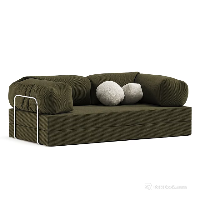 Modern Green Fabric Sofa With White Metal Armrests And Two White Round Pillows 3d model 