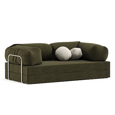 Modern Green Fabric Sofa With White Metal Armrests And Two White Round Pillows 3d model