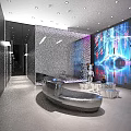Modern Exhibition Hall With Curved Design Large Screen Seating And Ambient Lighting