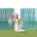 Woman In White Dress On Green Grass With Transparent Blue Screens Purple White Flowers