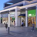 Modern Commercial Street With Multi Story Building Storefronts And Pedestrians Walking
