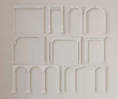 White Wall Mounted Architectural Frames With Various Arch And Rectangular Designs 3d model