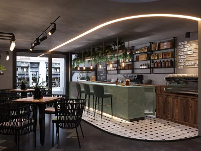 Modern Café Interior Design With Green Bar Counter Black Chairs Hanging Plants And Wooden Cabinets 3d model