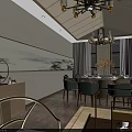 Elegant Private Dining Room Interior With Set Round Table Green Chairs Chandelier And Wall Art