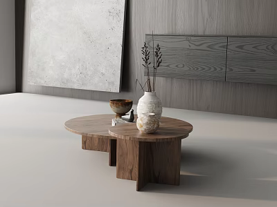 Modern Wooden Sofa Coffee Table Set With Round Top Decorative Vases And Wooden Wall 3d model