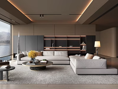 Modern Living Room Interior Design With Sofa Coffee Table Rug And Bookshelf Lighting Blinds 3d model