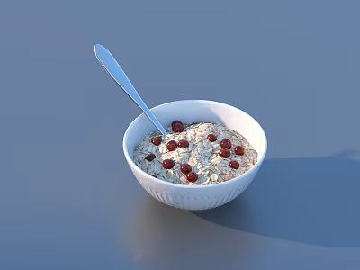 Delicious Oatmeal Bowl Topped With Oats And Red Berries With Spoon On Gray Table 3d model