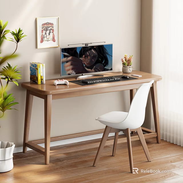 Wooden Desk with Anime Monitor Keyboard Game Controller Small Plant and White Chair 3d model 