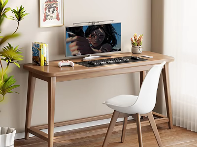 Wooden Desk with Anime Monitor Keyboard Game Controller Small Plant and White Chair 3d model
