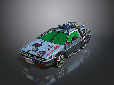 Silver Modified Car With Green Windows Roof Gear Alloy Wheels And Graphics 3d model