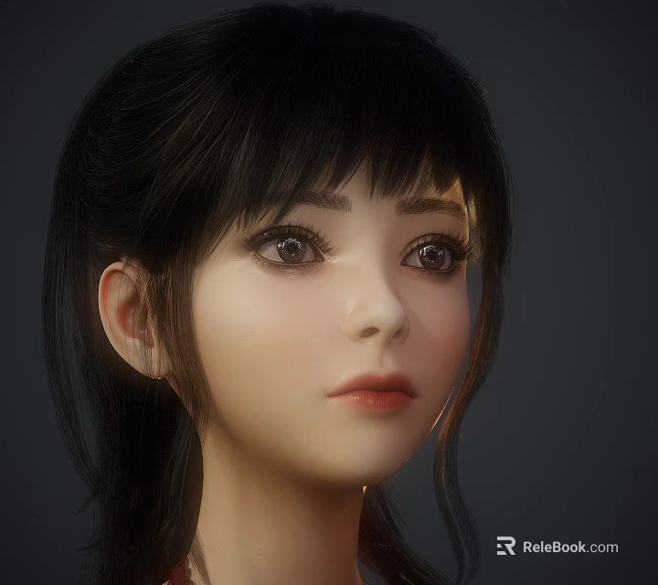 Woman with Black Hair Straight Bangs Big Eyes Red Lips in Gray Background Portrait 3d model 