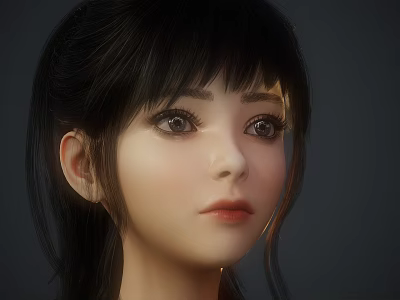 Woman with Black Hair Straight Bangs Big Eyes Red Lips in Gray Background Portrait 3d model
