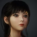 Woman with Black Hair Straight Bangs Big Eyes Red Lips in Gray Background Portrait