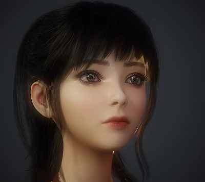 Woman with Black Hair Straight Bangs Big Eyes Red Lips in Gray Background Portrait 3d model