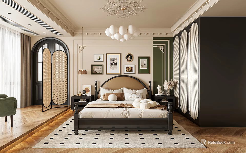 Elegant Bedroom Interior With Black Headboard Bed Green Walls Framed Art Wooden Flooring And Chandelier 3d model 