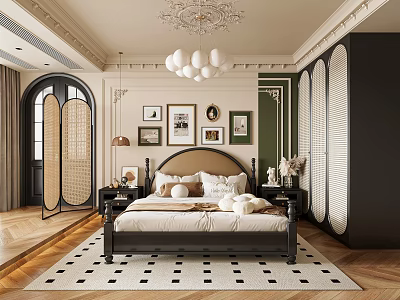 Elegant Bedroom Interior With Black Headboard Bed Green Walls Framed Art Wooden Flooring And Chandelier 3d model
