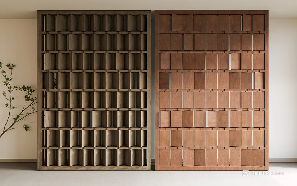 Wooden Room Dividers With Different Grid Patterns And Dark Light Brown Finishes For Home Interior 3d model 