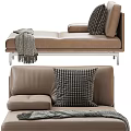 Brown Leather Chaise Lounge With Plaid Pillow Gray Blanket And Metal Legs