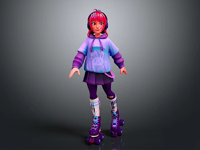 Game Movie Character With Red Hair Purple Hoodie Cartoon Graphic Skirt And Roller Skates 3d model