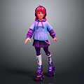 Game Movie Character With Red Hair Purple Hoodie Cartoon Graphic Skirt And Roller Skates