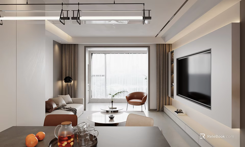 Modern Minimalist Living And Dining Room With Cozy Soft Furnishings And Bright Large Window View 3d model 