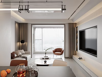 Modern Minimalist Living And Dining Room With Cozy Soft Furnishings And Bright Large Window View 3d model