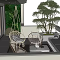 Modern Home Balcony Interior With Swing Chair Sofa Coffee Table Rug And Potted Tree