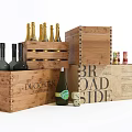 Vintage Wooden Crates Holding Assorted Wine Bottles With Labeled Designs Small Bottles And Dice