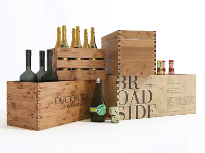 Vintage Wooden Crates Holding Assorted Wine Bottles With Labeled Designs Small Bottles And Dice 3d model