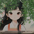 Floral Installation Design With Green Vines And Traditional Style Girl On Mural Wall