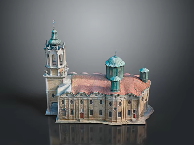 Classical Historical Building Model With Green Dome Tower Red Tiled Roof And Arched Windows 3d model
