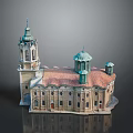Classical Historical Building Model With Green Dome Tower Red Tiled Roof And Arched Windows