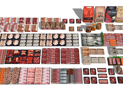 Various Packaged Food Products Including Assorted Meat Cuts and Sausages in Organized 3d model