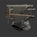 Industrial Mechanical Component With Worn Metal Frame Red Pipes And Gray Panels
