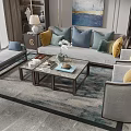 Elegant Gray Sofa Coffee Table Set With Blue Yellow Pillows On Patterned Rug 3d model