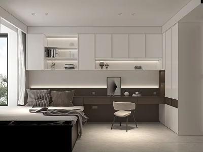 Modern Minimalist Tatami Bedroom Interior Design With Tatami Bed White Cabinets Writing Desk And Chair 3d model