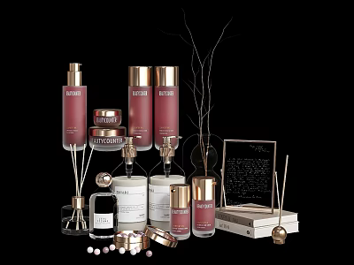 Stylish Bathroom Accessories Featuring Aromatherapy Lotion Bottles Candles Trays And Decorative Branches 3d model