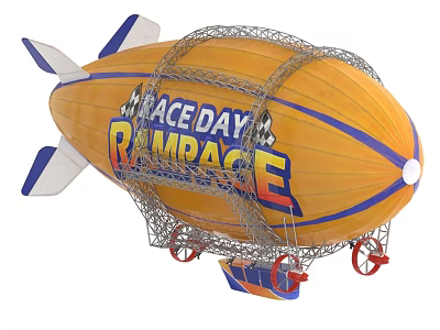 Yellow Airship With RACEDAY RAMPAGE Logo Blue Stripes Metal Frame And Red Wheels 3d model