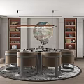 Modern Restaurant Private Room with Round Dining Table Brown Gray Edge Chairs Decorative Painting Bookshelves