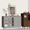 Modern Light Gray Brown Entryway Cabinet Side Cabinet With Arch Glass Doors Drawers And Decorative Plant