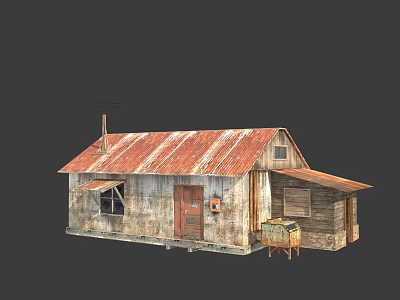 Old Weathered Cottage With Rusty Metal Roof And Wooden Walls Exterior 3d model