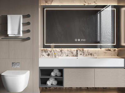 Sleek Modern Bathroom Vanity Cabinet With Marble Countertop Illuminated Mirror And Towel Rack 3d model