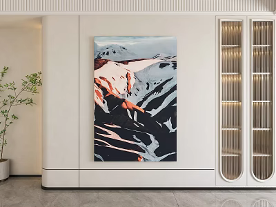 Modern Interior With Large Landscape Art Plant And Decorative Cabinet 3d model