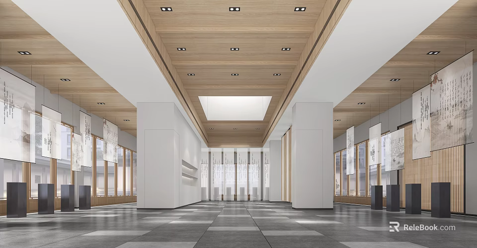 Spacious Modern Hall Interior With Wooden Ceiling Recessed Lights Skylight White Columns And Hanging Artworks 3d model 