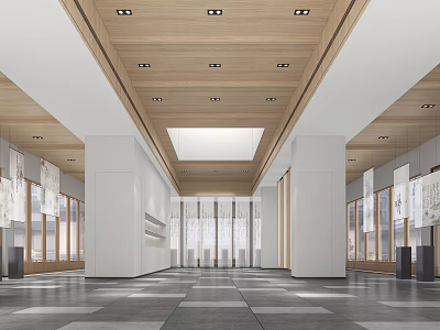 Spacious Modern Hall Interior With Wooden Ceiling Recessed Lights Skylight White Columns And Hanging Artworks 3d model